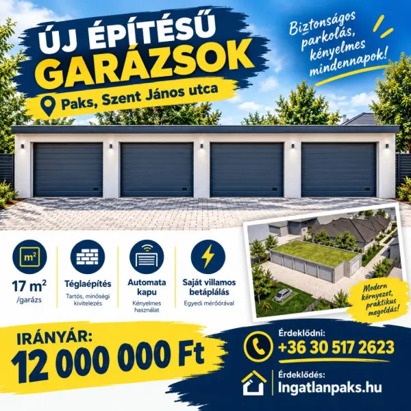 Eladó új építésű garázs, Paks 17 m² 12 M Ft